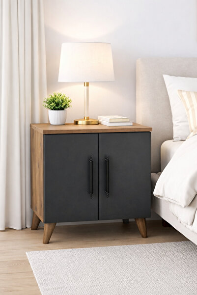 Enda Home Lumen 2 Kapaklı Raflı Klasik Komodin Antrasit - Çam