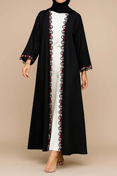 MayaCloset Premium Long Black Nidah Cap Ferace Abaya with Elegant Lace Trim