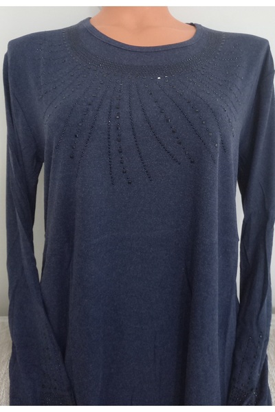 Anne بلوزة شتوية من القطن الممشط بأكمام طويلة وياقة دائرية باللون الأزرق الداكن