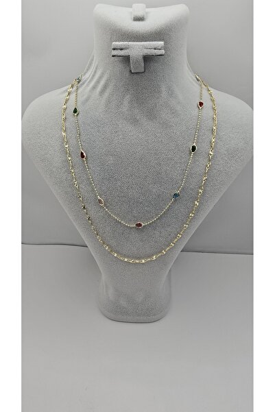 NO NAME Paslanmaz Çelik Gold Renk 2 li Zincir Damla Model Renkli Zirkon Taşlı...