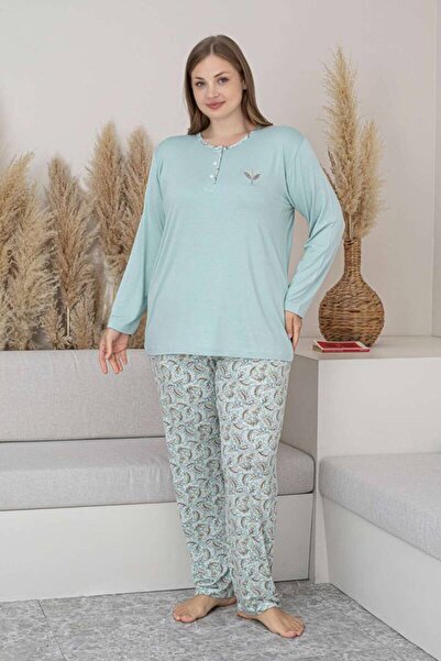 d Kit Boutique Plus Size Women's Pajama Set - Water Green Floral Pattern Long...