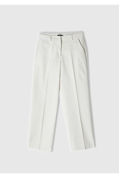 Sisley Cotton Blend Regular Fit High Waist Pants Women's Cream Trousers - 324A4K2Zlf03V