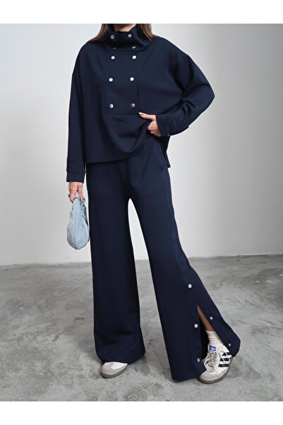 Paw Garage Women's Navy Winter Modal Fabric Snap Detailed Set