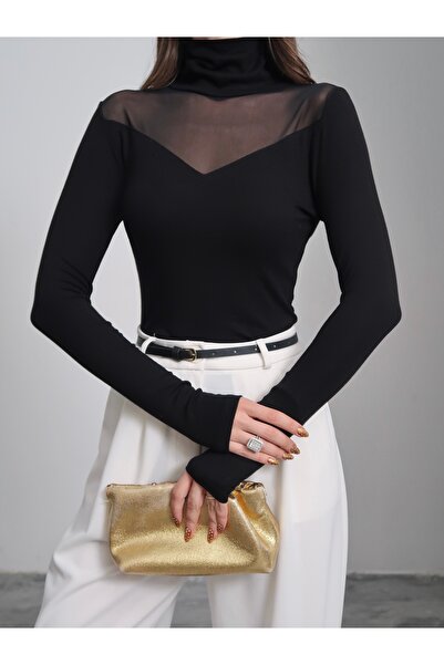 Paw Garage Women's Buzzy Fabric Turtleneck Tulle Detailed Blouse