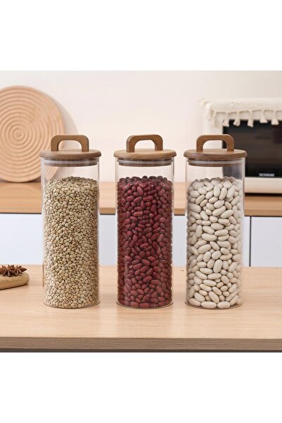 Altabi Borosilicate Glass Vacuum Jar 1550 ml |   Acacia Lid Grain & Spice Jar 3 Pcs