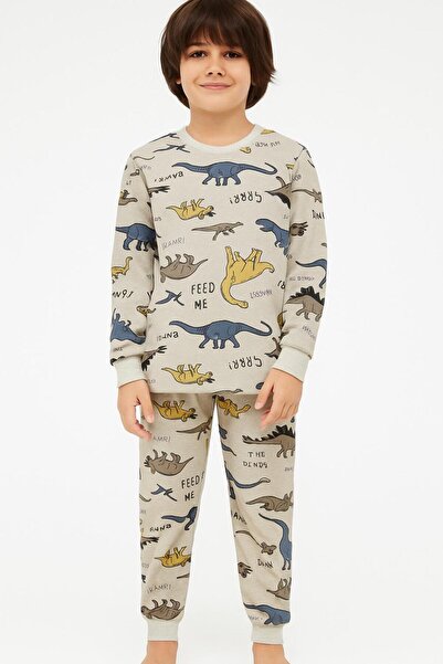 Kidora Kids Boy's Two Thread Cotton Fleece-Lined Beige Dinosaur Pattern Winter Long Sleeve Pajama Set
