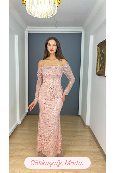 gökkuşagı moda Pudra Madonna Yaka Uzun Kollu Sırtı Bağlamalı Balık Uzun Abiye...