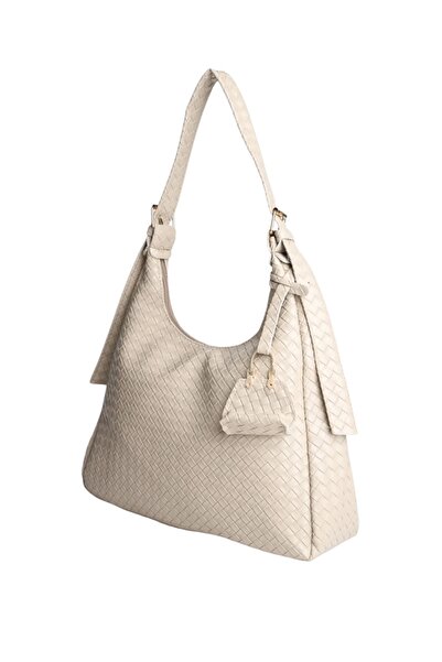 Eylül حقيبة كتف نسائية من الجلد الصناعي بتفاصيل محبوكة كريمية