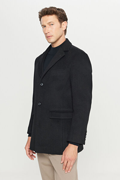 ALTINYILDIZ CLASSICS Wool Standard Fit Regular Cut Mono Collar Black Coat with Flap Pockets