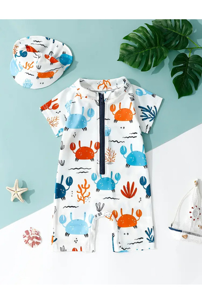 MODA Yengeç desenli fermuarlı bebek tulum mayo. Hafif ve rahat yapısıyla yaz ...