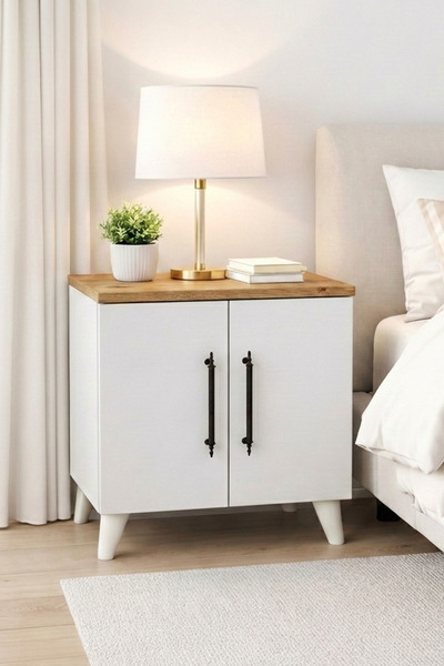 Enda Home Lumen 2 Kapaklı Raflı Klasik Komodin Çam - Beyaz