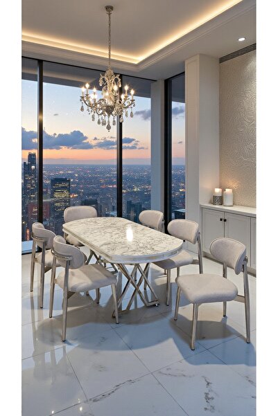 fursimo Venüs Serisi Beyaz Mermer Desenli Lak Panel Masa ve 6 Sandalyeli Yeme...