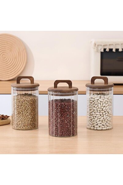 Altabi Borosilicate Glass Vacuum Jar 950 ml |   Acacia Lid Grain & Spice Jar 3 Pcs