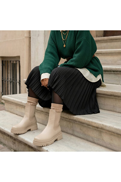 Büşra Çetin Women's Beige Knee High Thick Sole Waterproof New Season Boots