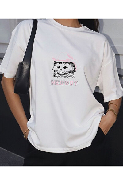 LORVEX Meowdy Cute Cat with Hat Printed Women Oversized Cotton Tshirt - Tshirt