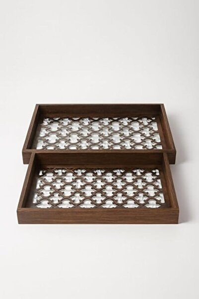 WOOD Set of two wooden serving trays with a glass base and laser-cut decorative patterns