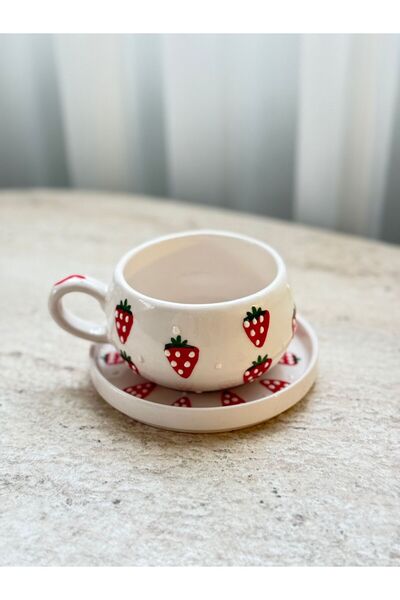 Home Çilekli Kabartma Desenli El Yapımı Seramik Tabaklı Kupa Kahve Çay Fincan...