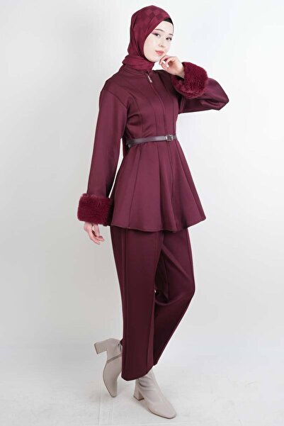 03KIZKULESITEKS طقم تيسيتير مكون من قطعتين مع أكمام وحزام خصر من الفرو، طقم س...