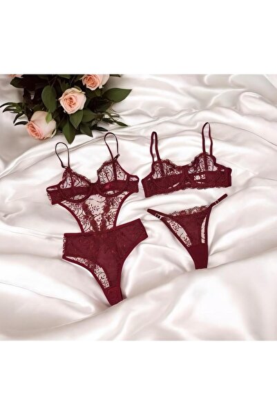 THE SECRET KİSS İKİLİ İÇÇAMAŞIR TAKIM VE BODYSUİT KALPLİ TRANSPARAN