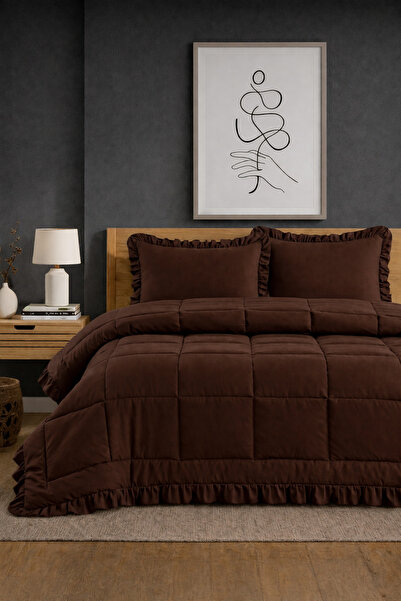 POMELO HOME Tek Kişilik Fırfırlı Uyku Seti Kahve - %100 Pamuk Çarşaflı Yumuşa...