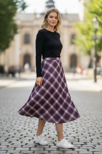 EREN STYLE Pleated Cotton Digital Pleated Skirt with Elastic Waist (95 cm)-(38-46)