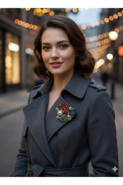 Hayalperest boncuk Deniz Tema İşlemeli Tasarım Detaylı Figürlü Kadın Broş - Y...