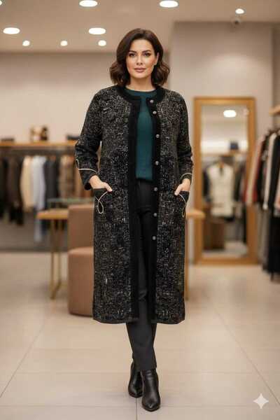 Uludağ Triko Kadın Siyah Füme Tüylü Şerit Aksesuarlı Sakal Desenli Cepli Trik...