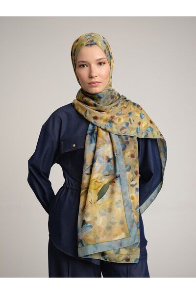 Ayshara Nevbahar Floral Point Patterned Double-Sided Shawl - Yellow Turquoise