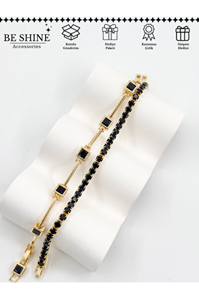 Be shine accessories Siyah Taşlı 2'li Vip Seri Çelik Bileklik Seti