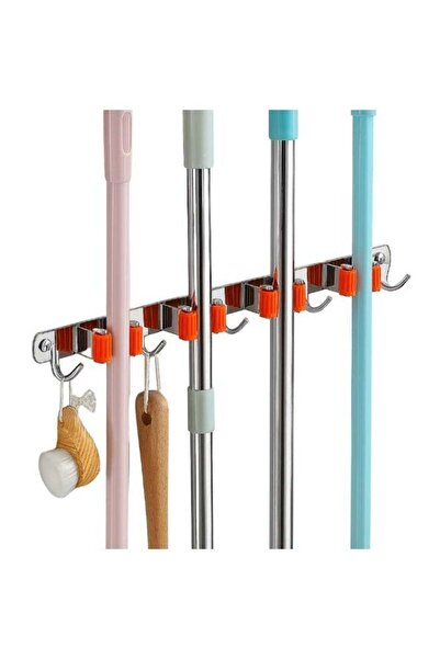 VİO Stainless Steel Mop Holder Wall Mount Broom Holder with 4 Rubber Rollers 5 Hooks