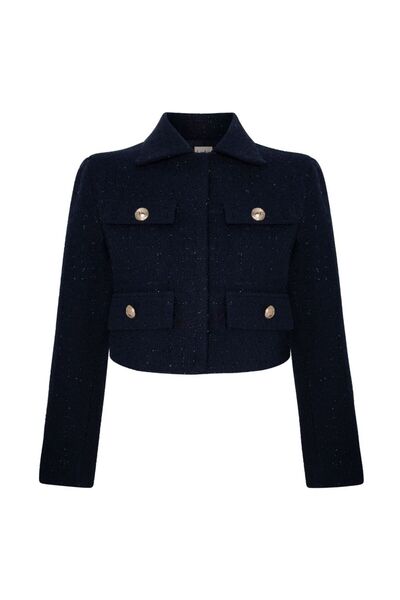 laulei Tweed Jacket with Flap Collar Navy Blue