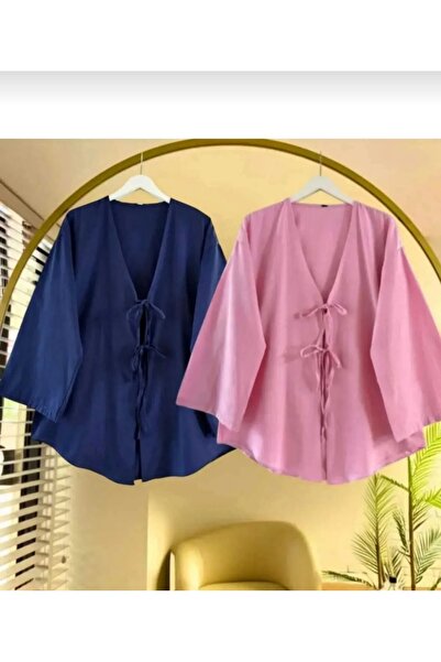 BALCOLLECTİON Kimono with Front Tie, 2-Piece Set, Pink and Navy Blue