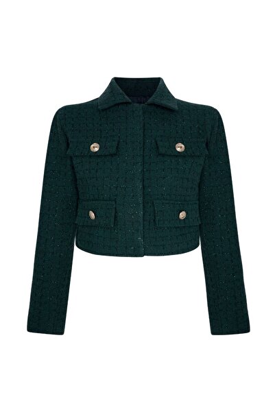 laulei Tweed Jacket with Flap Collar Dark Green