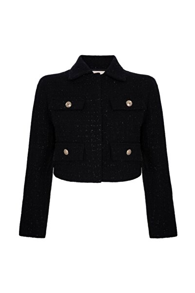 laulei Tweed Jacket with Flap Collar Black