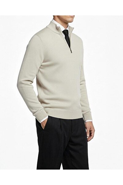 TerziAdemAltun Italian Style S Slim Fit Zipper Polo Neck Knitwear Sweater Beige T14869