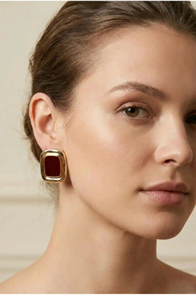 Dorvina Burgundy Enamel Square Gold Color Vintage Women's Earrings Non-Tarnish |   Stylish and Durable Jewelry