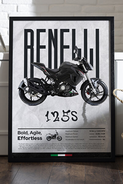 Duvarda Benelli 125S Siyah Ahşap Çerçeveli Poster, Dekoratif Motosiklet Duvar...