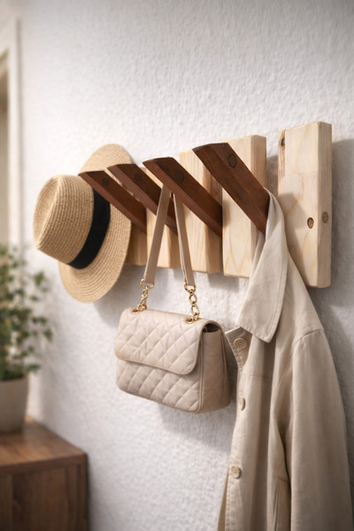 Atölye155 Ahşap Dekoratif Askılık | 5’li Açılıp Kapanabilir Fonksiyonel Askılık