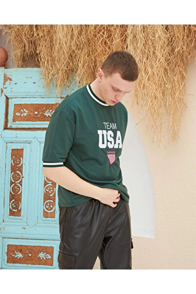 SATIYU BUTİK Vmas Embroidered Ribbed Oversize T-Shirt - Green Vmas