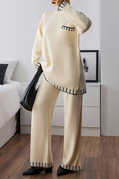 H&E LUXURY DESIGN Women's Casual Two-Piece Set with Collar and Pocket Stripe Detail