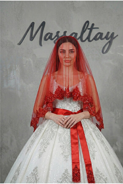 Massaltay Kırmızı Işıl Işıl Güpürlü Gelin Duvağı Seti | Kına Gecesi, Nikah Yü...