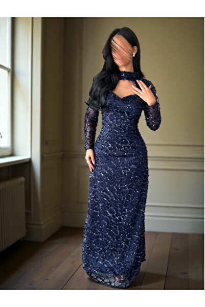 TREN Embroidered Sequin Evening Gown Long Sleeve Formal Dress Brown Navy Fitted Waist Luxury Party Wear