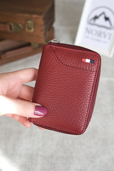 Norvi Leather Small Leather Card Holder with Zippered Accordion Compartment 1265