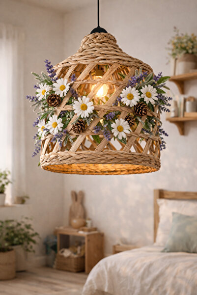 Marrone Papatya Ve Lavantalı Hasır Avize Balkon Mutfak Teras Bahçe Süslemeleri