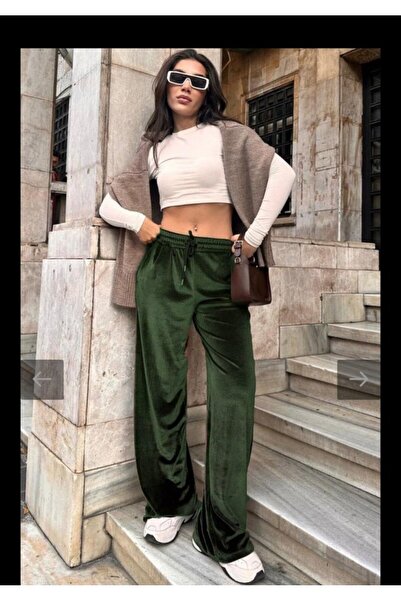 FRESCO SCARFS Women's High Waist Elastic Detail Velvet Fabric Wide Leg Pants