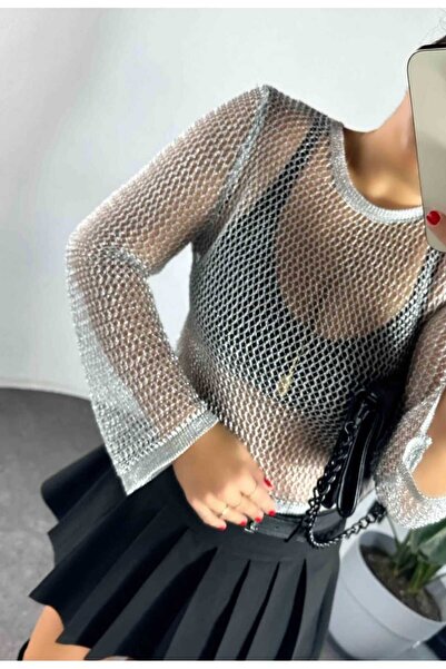 Modamistik Butik File Örgü Metalik Simli Bluz