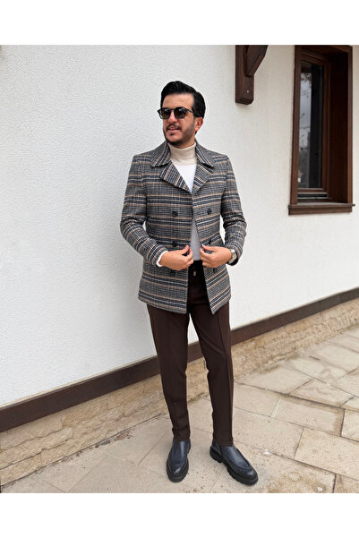 Avni Ceylan Men's Double-Breasted Plaid Slim Fit Wool Coat