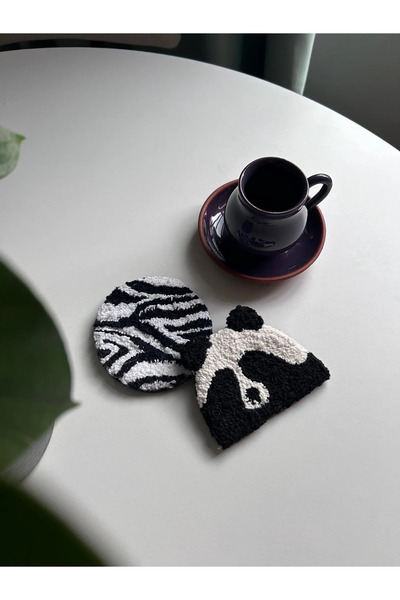 Ruhe Studio 2'li Panda ve Zebra Punch Coaster İşlemeli Dekoratif Bardak Altığ...
