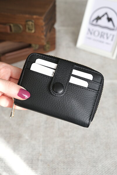 Norvi Leather Genuine Leather Wallet Card Holder with Zipper and Snap Fastener Accordion Compartment 1270