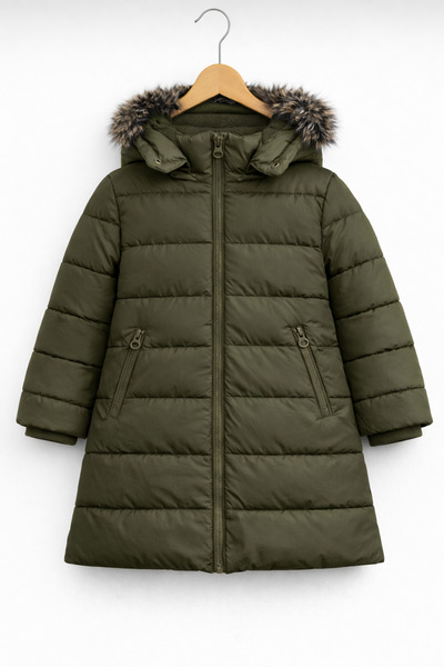 REGOS Girl's Khaki Puffer Coat Hooded Fur Winter Long Model